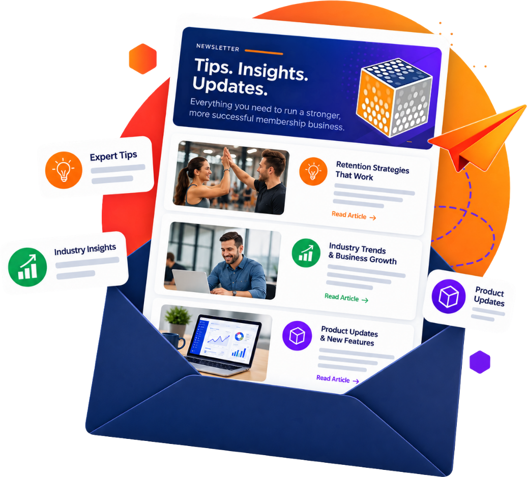 An open envelope with a newsletter preview showing expert tips, industry insights, and product updates