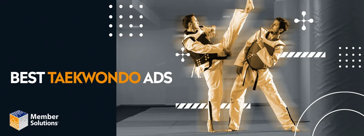 Two Taekwondo practitioners in white doboks with protective gear, one performing a high kick and the other blocking, promoting "BEST TAEKWONDO ADS"