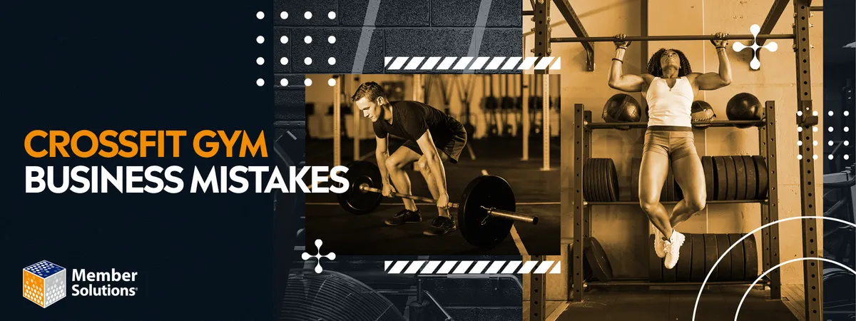 A man in a black T-shirt and shorts performs a deadlift with a barbell on the left side, while a woman in a white tank top and shorts hangs from a pull-up bar, with weight plates stacked on shelves behind her