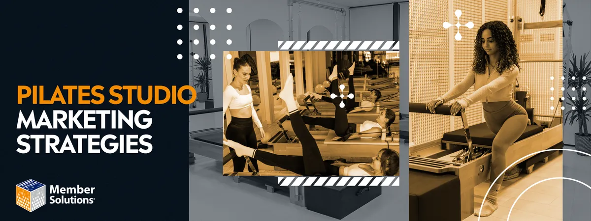 A woman in workout gear uses a Pilates reformer, looking focused. Inset shows an instructor guiding participants