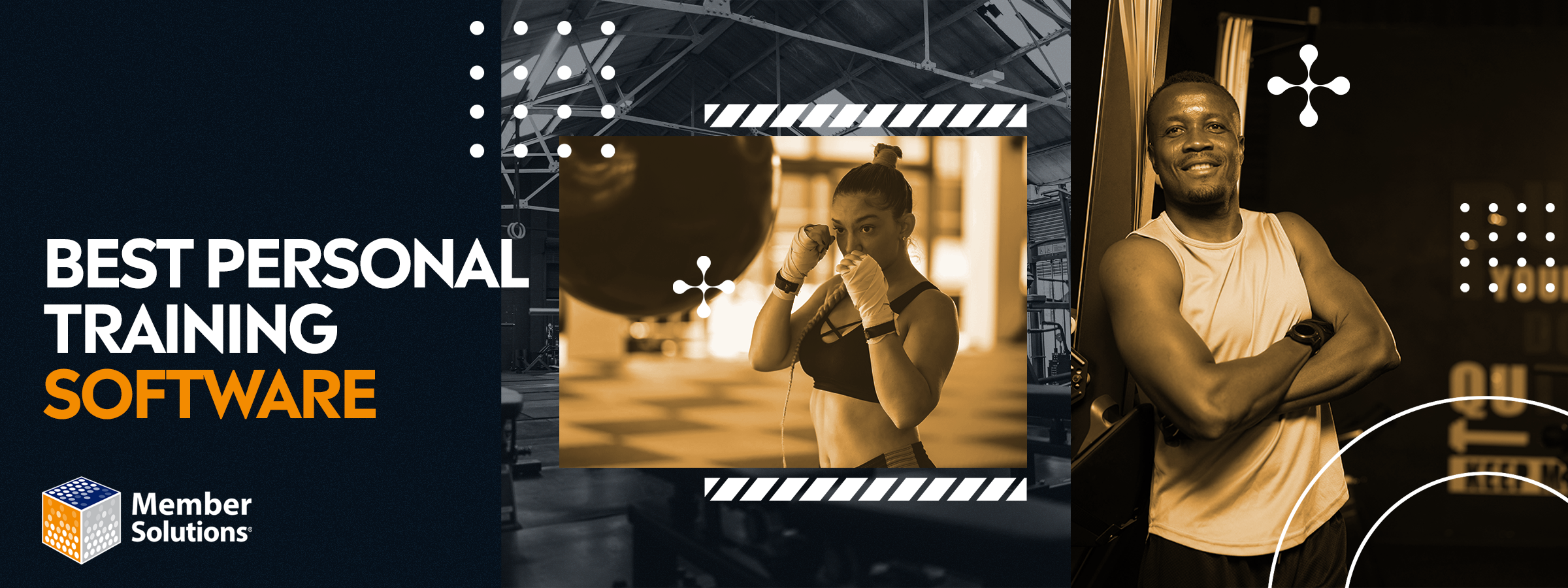 A woman wrapping hands for boxing, a confident man in a gym, and bold text stating 'Best Personal Training Software' on a dark background