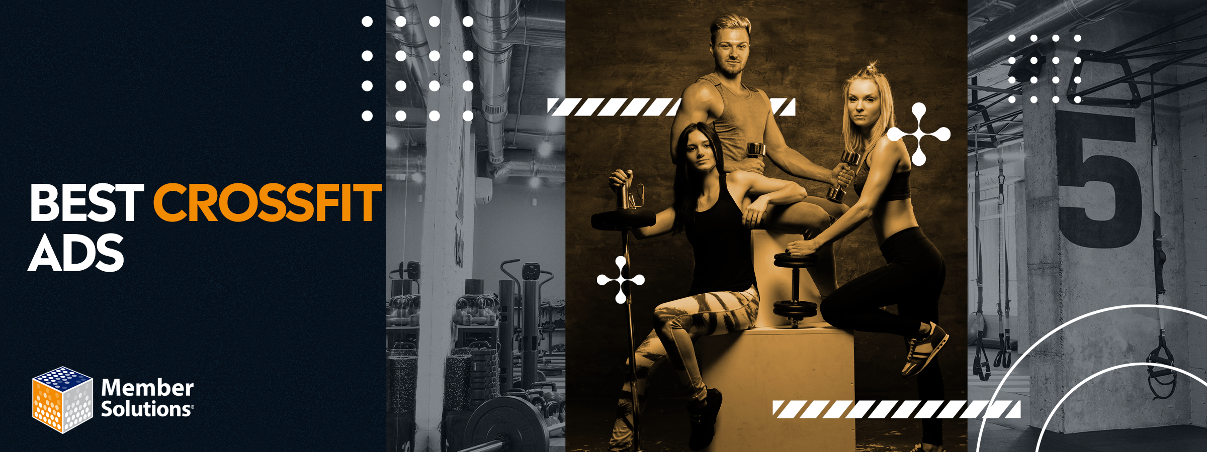 A trio of athletic individuals poses with gym equipment, set against the backdrop of a gym center