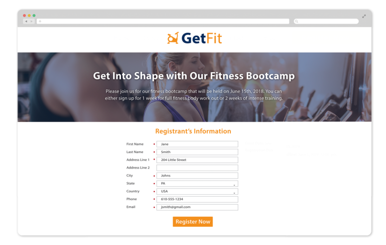 Online event registration form for fitness bootcamp with GetFit gym including banner image, branding, event description, and fields to collect registrant information. Shown on desktop computer.