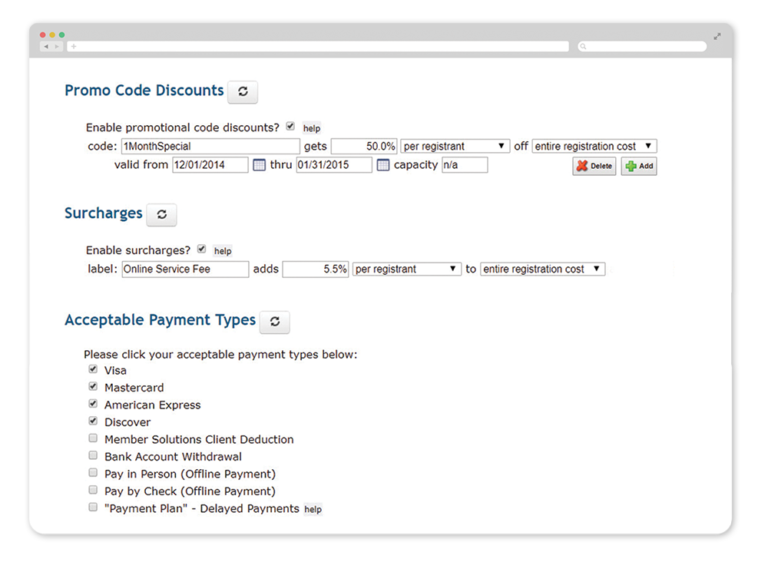 Discount pricing and promo codes for online event registration shown on tablet device