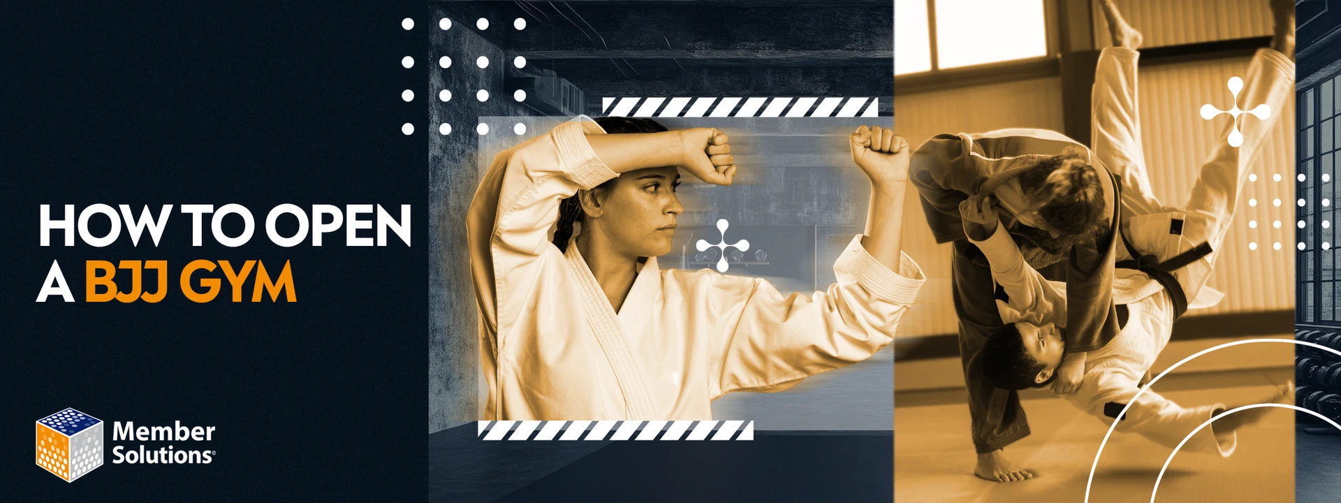 In one frame, two people are practicing Brazilian Jiu-Jitsu in the gym & in the other frame, a woman is getting ready to practice
