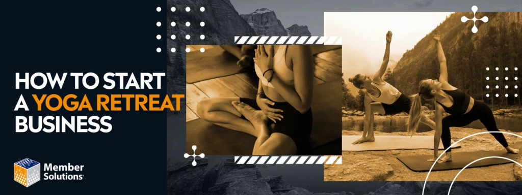 One frame shows a woman doing yoga in a seated pose, while the other frame shows two women practicing yoga outdoors by a river with mountains in the background