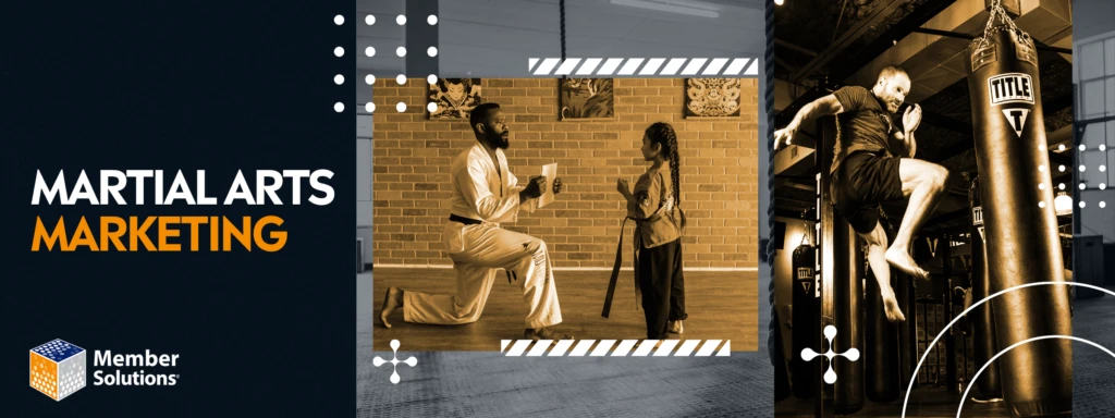 In one frame instructor kneeling with a child in martial arts attire & in other frame a man kicking a punching bag.