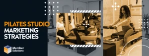 A woman in workout gear uses a Pilates reformer, looking focused. Inset shows an instructor guiding participants