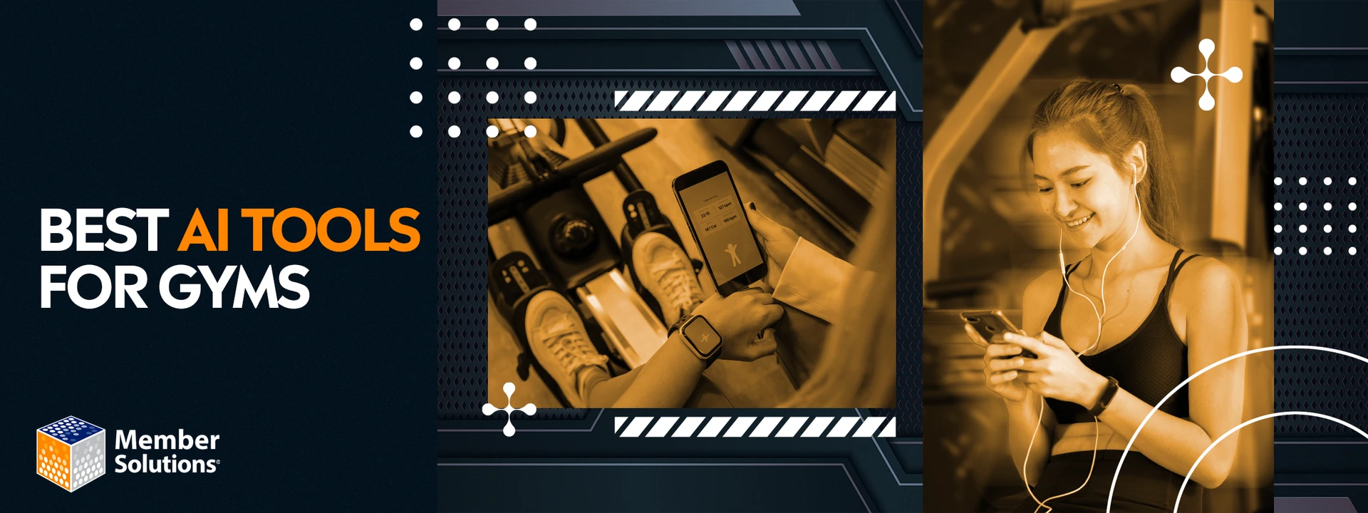 In left frame shows hands on exercise equipment with smartphone & in right frame shows a woman in workout attire smiling at her phone