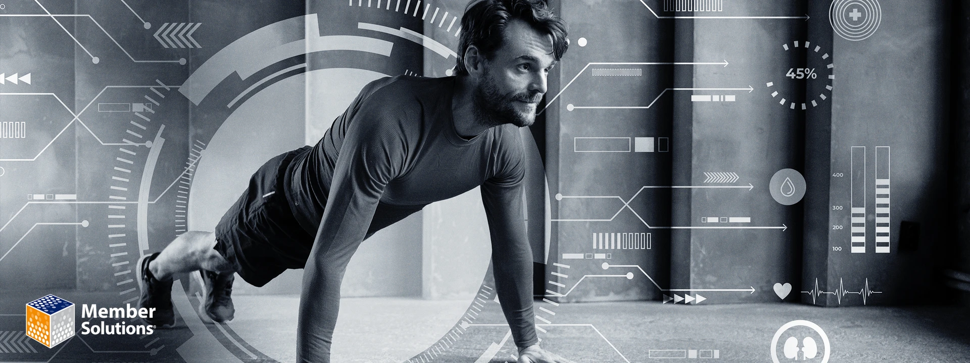 Man in athletic wear doing push-up in a futuristic setting with digital HUD elements