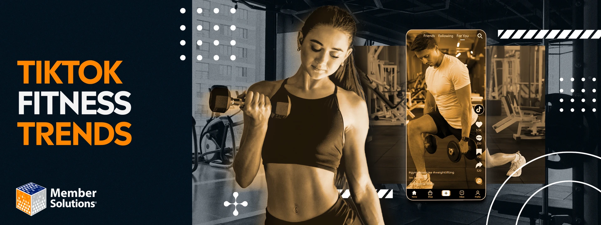 A woman lifts a dumbbell in a gym, focusing intently. Beside her, a smartphone screen shows a man exercising