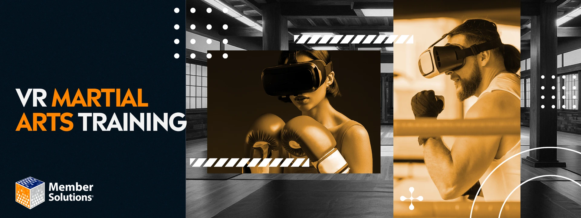 Two people wearing VR headsets engage in boxing in a gym. One, a woman, holds boxing gloves ready. The other, a man, strikes a fighting pose