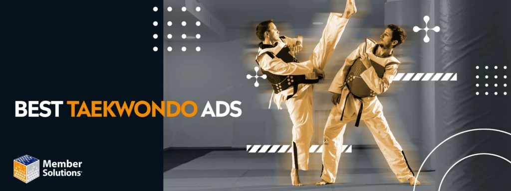 Two Taekwondo practitioners in white doboks with protective gear, one performing a high kick and the other blocking, promoting "BEST TAEKWONDO ADS"